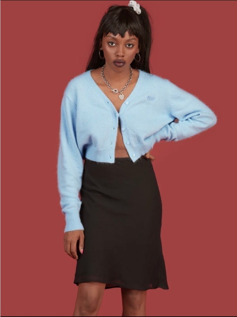 UNIF Liv Cropped Baby Blue V-Neck Button Cardigan Sweater